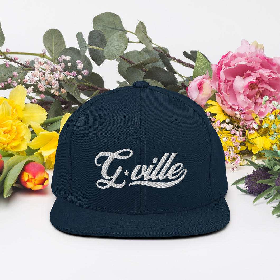 White Cursive Gville Snapback Hat